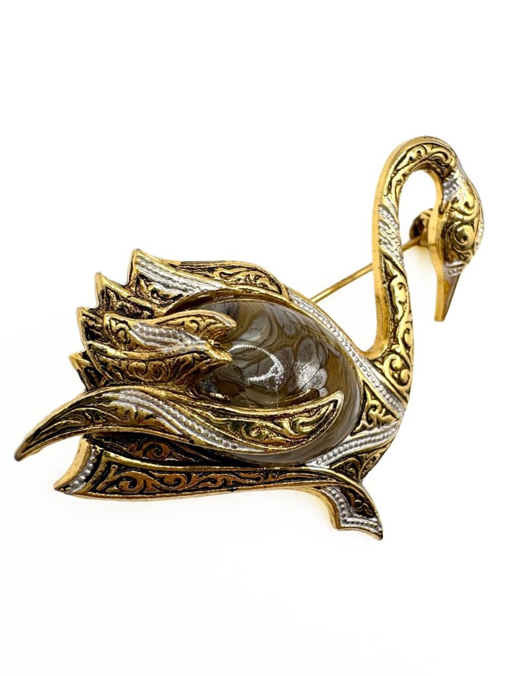 Vintage Swan Damascene Marbled Glass Jelly Belly Brooch - Picture 2 of 8